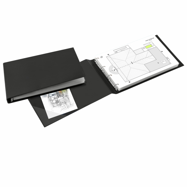 Raccoglitore in Colpan 2000® (cartone rivestito in PVC espanso), spessore 1 mm, con meccanismo a 4 anelli (a D) e tasca interna trasparente. Adatto a contenere documenti, disegni, poster, cartine geografiche, cartelli pubblicitari, stampe. Destinato a dur