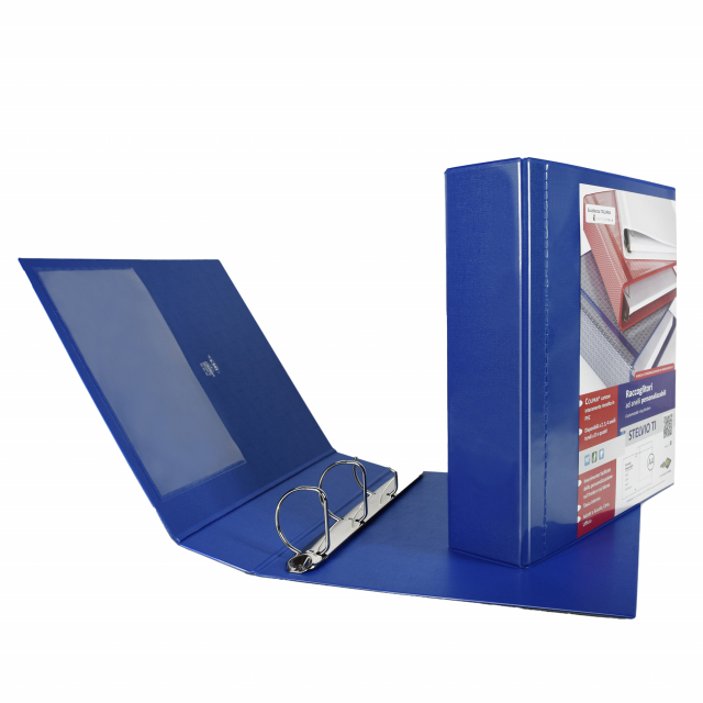 Raccoglitore personalizzabile in Colpan® (cartone rivestito in PVC) con tasca interna e meccanismo a 4 anelli (a D). Tasche trasparenti sul 1° quadrante e sul dorso che consentono l'inserimento facilitato della personalizzazione. Formato esterno: 285x310 