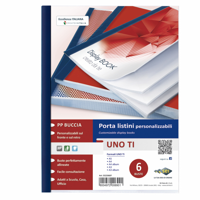 Porta listini a 6 buste in PP buccia arancia, con copertina e retro personalizzabili. Dorso blu. Il perfetto allineamento delle buste e la particolare saldatura facilitano la consultazione. Formato contenuto 220x300mm.