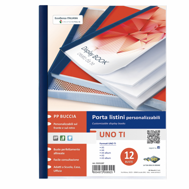 Porta listini a 12 buste in PP buccia arancia, con copertina e retro personalizzabili. Dorso blu. Il perfetto allineamento delle buste e la particolare saldatura facilitano la consultazione. Formato contenuto 220x300mm.