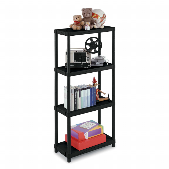 Scaffali modulari in polipropilene a quattro ripiani con montanti, di colore nero. Portata di un ripiano 25kg uniformemente distribuiti, dimensioni: 60x30x132cm.