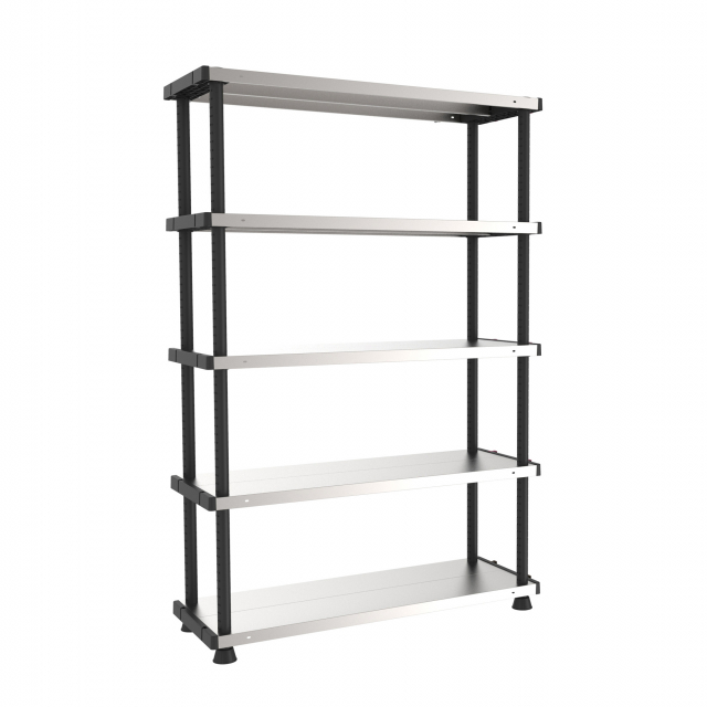 Scaffale composto da 4 montanti verticali in plastica nera con piedini regolabili in altezza.  5 ripiani in metallo regolabili  con profondità di 45cm con portata massima di 120Kg per ripiano. Montaggio dello scaffale stimato in 10". Possibilità di fissag