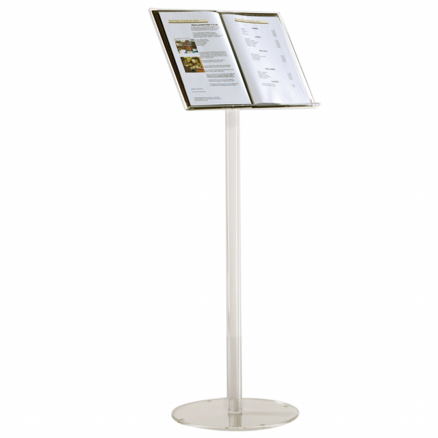 Elegante struttura in acrilico con base circolare e leggio 32x48cm. Ideale per centri congressi, conferenze, ristoranti, teatri ecc. dimensioni: °36 x 122cm