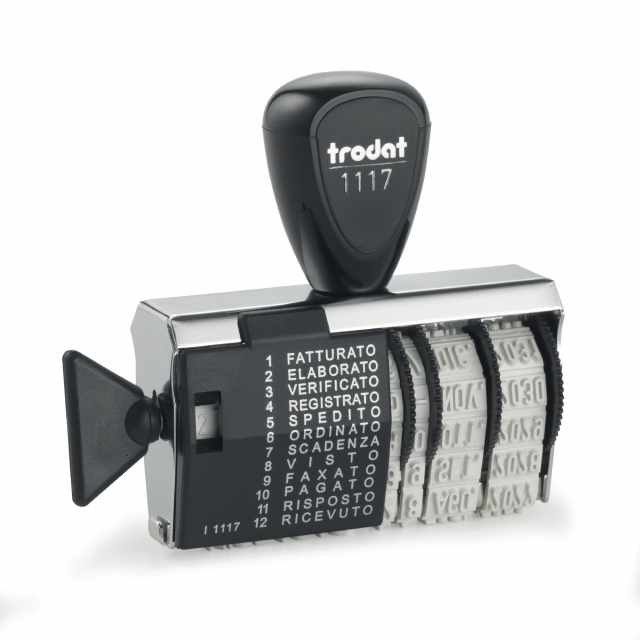 Polinome datario 1117 datario con 12 diciture: RICEVUTO, RISPOSTO, PAGATO, FAXATO,VISTO, SCADENZA, ORDINATO, SPEDITO, REGISTRATO, VERIFICATO, ELABORATO, FATTURATO. Altezza carattere 4mm.