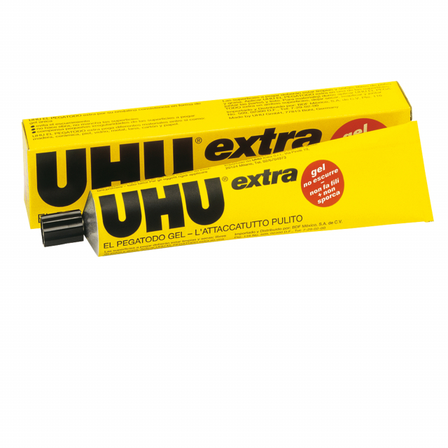 Attaccatutto universale UHU Extra in gel trasparente, non sporca, non cola e non fa fili. Ideale su diversi tipi di materiali come carta, cartone, legno, porcellana, metallo, vetro, ceramica, tessuti, feltro, plexiglas, cuoio e feltro.