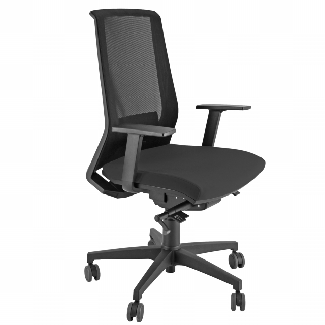 Poltrona semidirezionale ergonomica H12 (adatta per uso intenso). Schienale alto in rete nera con supporto lombare. Struttura in faggio multistrato e rivestimento in acrilico ignifugo. Braccioli regolabili e base in nylon. Meccanismo syncro con 4 blocchi.