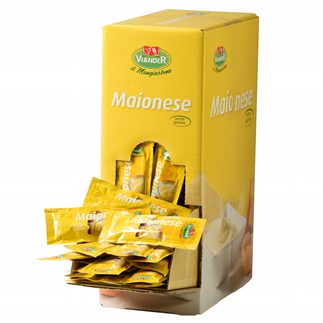 Salsa mayonese confezionata in bustine di 15g.
Ingredienti: Olio di semi di girasole (50%), Acqua, Uova pastorizzate (9%), Aceto di vino, Amido modificato di mais, Succo di limone, Sale, Zucchero, Senape, Correttore di acidità : acido citrico (E330), Adde