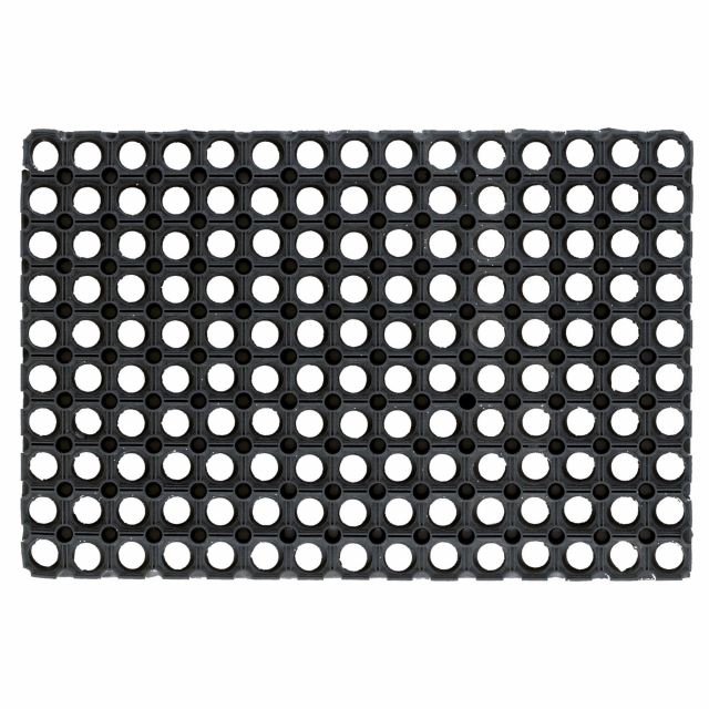 Zerbino in gomma 100%. Utilizzabile sia come normale zerbino da ingresso che come base per una vera piattaforma antishock adatta per moltissimi fondi (cemento, terra battuta, ghiaia, erba, sabbia). Si possono unire fra loro più lastre (attraverso gli app