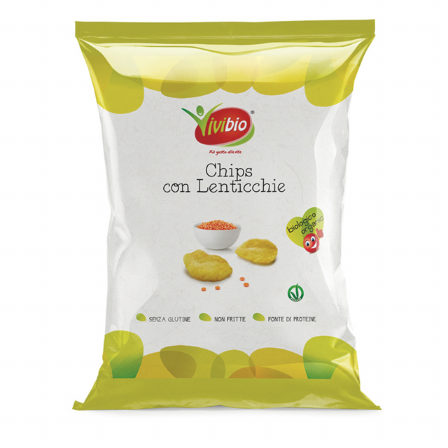 Snack biologico Vivibio a base di patate non fritte con l'aggiunta di farina di lenticchie, ideale per una pausa croccante e sfiziosa. Croccanti e gustose chips classiche a base di patate con aggiunta di farina di lenticchie. La differenza rispetto alle p