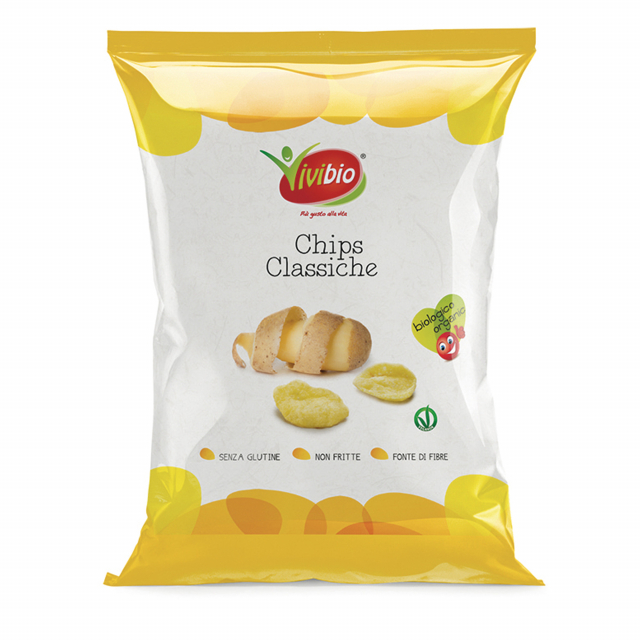 Snack biologico Vivibio a base di patate non fritte, ideale per una pausa croccante e sfiziosa. Croccanti e gustose chips classiche a base di patate. La differenza rispetto alle patatine già presenti sul mercato è il metodo di produzione: le patatine non