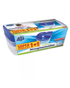 Confezione comprendente 2 dispositivi Mangiaumidità da 450gr e una ricarica tab da 450gr.  Assorbe l’umidità in eccesso, previene la formazione di muffe e macchie sui muri in ambienti chiusi o poco ventilati. Compatto e maneggevole, in materiale antiurto,