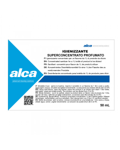 BUSTINA 50ml Sanificante Superconcentrato Superprofumato. Miscela concentrata  di tensioattivi e agenti sanificanti per ottenere una soluzione da 1L di prodotto da diluire. Idoneo per la pulizia e la sanificazione di tutte le superfici.