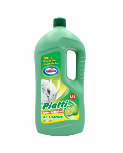 Detergente per il lavaggio a mano delle stoviglie. Sgrassa a fondo, elimina gli odori e delicato sulle mani. Profumazione limone. Flacone da 1.5litri.