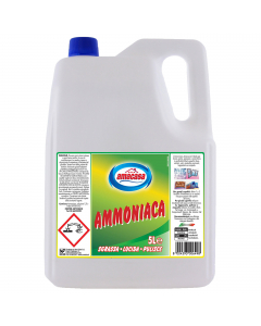 Ammoniaca classica  in tanica da 5L. Ideale per lavare, pulire, sgrassare e smacchiare in profondità tutte le superfici dure, sanitari, vetri, piastrelle, pavimenti, tappezzeria e moquette. Tappo salva Bimbo in PP colore blu. Modalità di utilizzo: per gra