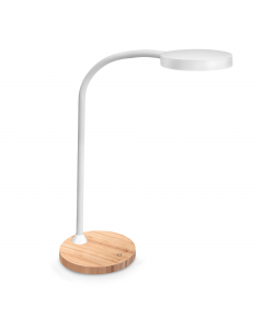 lLampada a Led dotata di stile ed eleganza, perfetta per creare una calda atmosfera a casa o in ufficio.
Base in legno e braccio flessibile in metallo. Testa aggiustabile. Dimmer integrato nella base. Flusso luminoso: 830 Lux a 30cm. CRI index>80. Potenza