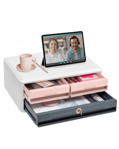 MoovUp, il modulo cassettiera progettato per adattarsi ai nuovi metodi di lavoro. Due cassetti semi-aperti per conservare le forniture per l'ufficio (penne, calcolatrice, blocco A5...) e gli accessori per il computer (hard disk esterno, chiavetta USB, mou