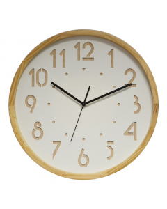 Orologio decorativo in legno. Il quadrante dell'orologio è in rilievo, il quadrante bianco è sovrapposto ai numeri in legno. Movimento silenzioso al quarzo. Diametro: Ø41cm.