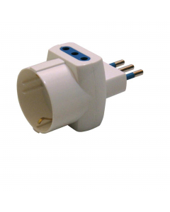 Adattatore di rete triplo, spina standard italiano 2P+T 10 A, 2 prese con alveoli schermati standard italiano 2P+T 10 A, 1 presa frontale con alveoli schermati standard tedesco (Schuko) 2P+T laterale e centrale 16 A. Certificato IMQ.