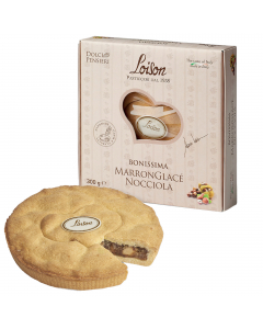 Dolce di pasta frolla a base di burro con tenero ripieno di marron glacè, miele millefiori di Sicilia e nocciole "Piemonte" IGP. 
Ingredienti: Farina di GRANO tenero tipo "0", MARRON GLACÈ (32%) [Marroni (50%), Zucchero, Sciroppo di glucosiofruttosio, Aro