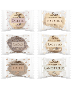 Biscotti al burro confezionati singolarmente. Gusti assortiti: canestrello, maraneo, cacao, bacetto, zaletto e caffè. Confezione 200pz Loison.
CANESTRELLO: Burro fresco e vaniglia naturale, ovvero cremosità ed aroma per un frollino che si scioglie in bocc