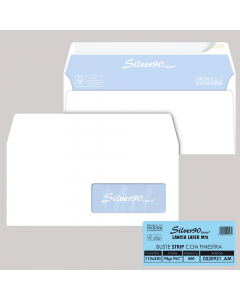 Busta bianca internografata 90gr con finestra (40x100mm) idonea per stampanti laser. Adesiva con strip.