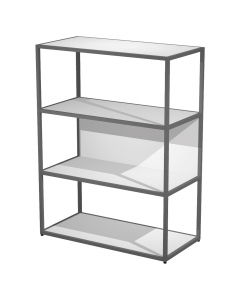 Librerie in metallo con struttura a sezione quadrata 20x20mm verniciate a polvere epossidica. Ripiani, base dietro e top in melaminico (il dietro può essere posizionato a scelta in qualsiasi vano). Le librerie possono essere installate a terra (kit di mon