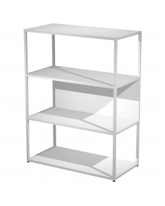 Librerie in metallo con struttura a sezione quadrata 20x20mm verniciate a polvere epossidica. Ripiani, base dietro e top in melaminico (il dietro può essere posizionato a scelta in qualsiasi vano). Le librerie possono essere installate a terra (kit di mon
