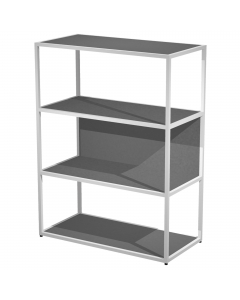 Librerie in metallo con struttura a sezione quadrata 20x20mm verniciate a polvere epossidica. Ripiani, base dietro e top in melaminico (il dietro può essere posizionato a scelta in qualsiasi vano). Le librerie possono essere installate a terra (kit di mon