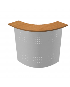 Sopralzo angolare reception L96,5 x P96,5 x H115cm composto da top in melaminico (P30 cm - sp. 28 mm - con bordo antiurto in ABS 3 mm) e pannello frontale in metallo traforato.I banconi lineari sono componibili per affiancamento e si possono unire anche a
