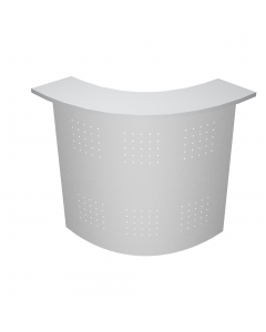 Sopralzo angolare reception L96,5 x P96,5 x H115cm composto da top in melaminico (P30 cm - sp. 28 mm - con bordo antiurto in ABS 3 mm) e pannello frontale in metallo traforato.I banconi lineari sono componibili per affiancamento e si possono unire anche a