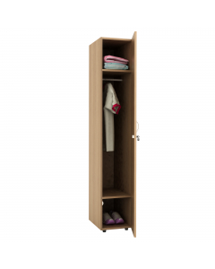 Mobile guardaroba/spogliatoio a 1 anta con serratura. In materiale melaminico classe E1 con finitura antigraffio e antiriflesso. Diviso in 3 sezioni: un vano in alto e un vano in basso (dimensioni utili 29,4x48xH28cm) e un vano centrale (dimensioni utili 