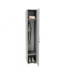 Mobile guardaroba/spogliatoio a 1 anta con serratura. In materiale melaminico classe E1 con finitura antigraffio e antiriflesso. Diviso in 3 sezioni: un vano in alto e un vano in basso (dimensioni utili 29,4x48xH28cm) e un vano centrale (dimensioni utili 