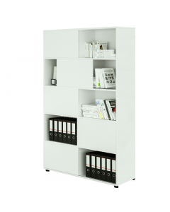 Libreria alta a 5 ripiani con 5 ante scorrevoli. Struttura e ante in truciolare nobilitato melaminico antigraffio ed antiriflesso spessore 18 mm. Piedini regolabili. 
• Dimensioni utili singola casella: L57,2 x P31,8 x H35,4cm
• Dimensioni totali libreria