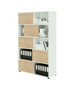 Libreria alta a 5 ripiani con 5 ante scorrevoli. Struttura e ante in truciolare nobilitato melaminico antigraffio ed antiriflesso spessore 18 mm. Piedini regolabili. 
• Dimensioni utili singola casella: L57,2 x P31,8 x H35,4cm
• Dimensioni totali libreria