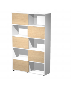 Libreria alta a 5 ripiani con 5 ante scorrevoli. Struttura e ante in truciolare nobilitato melaminico antigraffio ed antiriflesso spessore 18 mm. Piedini regolabili. 
• Dimensioni utili singola casella: L57,2 x P31,8 x H35,4cm
• Dimensioni totali libreria