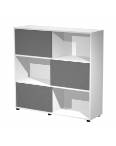 Sistema di librerie ad ante scorrevoli completo di un modulo alto a 5 ante, medio a 3 ante e basso a 3 ante. Ideale per arredare con stile e funzionaità ambienti diversi, da quelli aziendali a quelli domestici. Materiale bilaminato nobilitato melaminico a