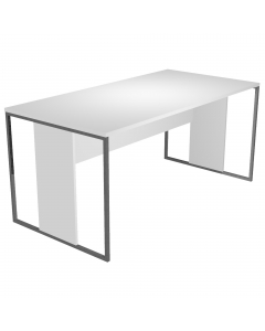 Desktop in melaminico bilaminato sp.22mm con predisposizione per l'alloggiamento di n.2 anelli passacavi opzionali (bordo in ABS sp.22mm) Modesty panel strutturale in melaminico bilaminato H35cm (sp.18mm). Gambe ad anello in metallo a sezione quadrata 20x