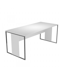 Desktop in melaminico bilaminato sp.22mm con predisposizione per l'alloggiamento di n.2 anelli passacavi opzionali (bordo in ABS sp.22mm) Modesty panel strutturale in melaminico bilaminato H35cm (sp.18mm). Gambe ad anello in metallo a sezione quadrata 20x