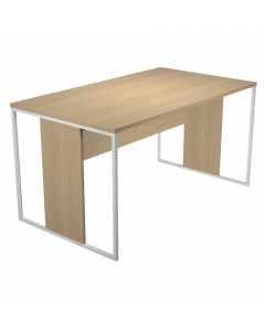 Desktop in melaminico bilaminato sp.22mm con predisposizione per l'alloggiamento di n.2 anelli passacavi opzionali (bordo in ABS sp.22mm) Modesty panel strutturale in melaminico bilaminato H35cm (sp.18mm). Gambe ad anello in metallo a sezione quadrata 20x