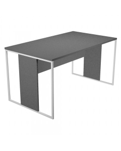 Desktop in melaminico bilaminato sp.22mm con predisposizione per l'alloggiamento di n.2 anelli passacavi opzionali (bordo in ABS sp.22mm) Modesty panel strutturale in melaminico bilaminato H35cm (sp.18mm). Gambe ad anello in metallo a sezione quadrata 20x