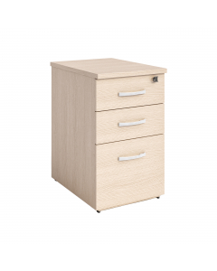Cassettiera alta complanare al piano delle scrivanie Compact lato 60cm per aumentarne la superficie di lavoro. Cassettiera a 2 cassetti + 1 classificatore per cartelle sospese int. 33cm. Dotata di vassoio portacancelleria, chiusura centralizzata, cassetti