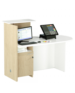 Reception ideale come postazione cassa in negozi, centri estetici ecc. o come reception in ambulatori, cliniche e ovunque sia necessaria una postazione di ricevimento confortevole ma compatta. Dotata di bancone con piano sagomato a DESTRA 140x83xH73,3cm (