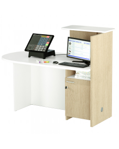 Reception ideale come postazione cassa in negozi, centri estetici ecc. o come reception in ambulatori, cliniche e ovunque sia necessaria una postazione di ricevimento confortevole ma compatta. Dotata di bancone con piano sagomato a SINISTRA 140x83xH73,3cm