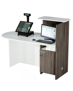 Reception ideale come postazione cassa in negozi, centri estetici ecc. o come reception in ambulatori, cliniche e ovunque sia necessaria una postazione di ricevimento confortevole ma compatta. Dotata di bancone con piano sagomato a SINISTRA 140x83xH73,3cm