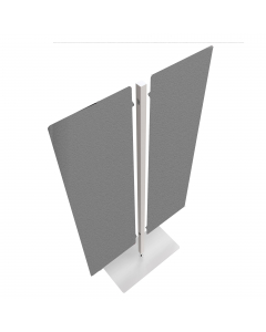 Struttura autoportante con piantana in alluminio allestita con 2 pannelli Moody fonoassorbenti. I pannelli acustici sono in fibra di poliestere, realizzati con materiale riciclato, composti di più strati accoppiati di densità variabile con tessuto esterno