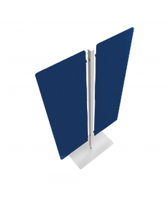 Struttura autoportante con piantana in alluminio allestita con 2 pannelli Moody fonoassorbenti. I pannelli acustici sono in fibra di poliestere, realizzati con materiale riciclato, composti di più strati accoppiati di densità variabile con tessuto esterno