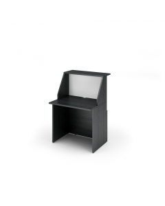 Reception modulare dal design lineare e moderno. Dimensioni totali: L80 x P76,1 x H117cm. Dimensioni sopralzo: L80 x P30cm. Dimensioni desktop: L80 x P60cm. I banconi sono tutti autoportanti, compreso il modulo ad angolo 90° (reversibile destro/sinistro),