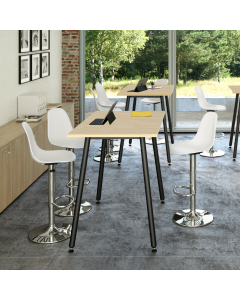 Linea di arredo operativo dal design innovativo e dinamico caratterizzata dalle gambe in metallo cilindriche inclinate delle scrivanie e dei tavoli rotondi. Robusti piani in melaminico sp. 22 mm con bordo antishock resistente agli urti in ABS 3 mm. Gambe 