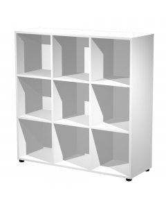 Casellario con 9 caselle a giorno L119 x P40 x H121,6cm (piedini compresi). Contenitori a casellario realizzati in melaminico bilaminato antigraffio e antiriflesso conforme alle norme UNI e EN classe E1. Componibili per affiancamento. Top, fianchi, ripian