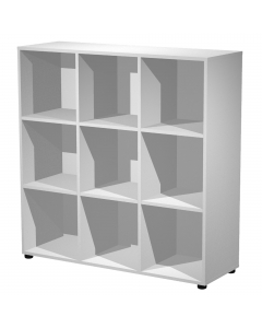 Casellario con 9 caselle a giorno L119 x P40 x H121,6cm (piedini compresi). Contenitori a casellario realizzati in melaminico bilaminato antigraffio e antiriflesso conforme alle norme UNI e EN classe E1. Componibili per affiancamento. Top, fianchi, ripian